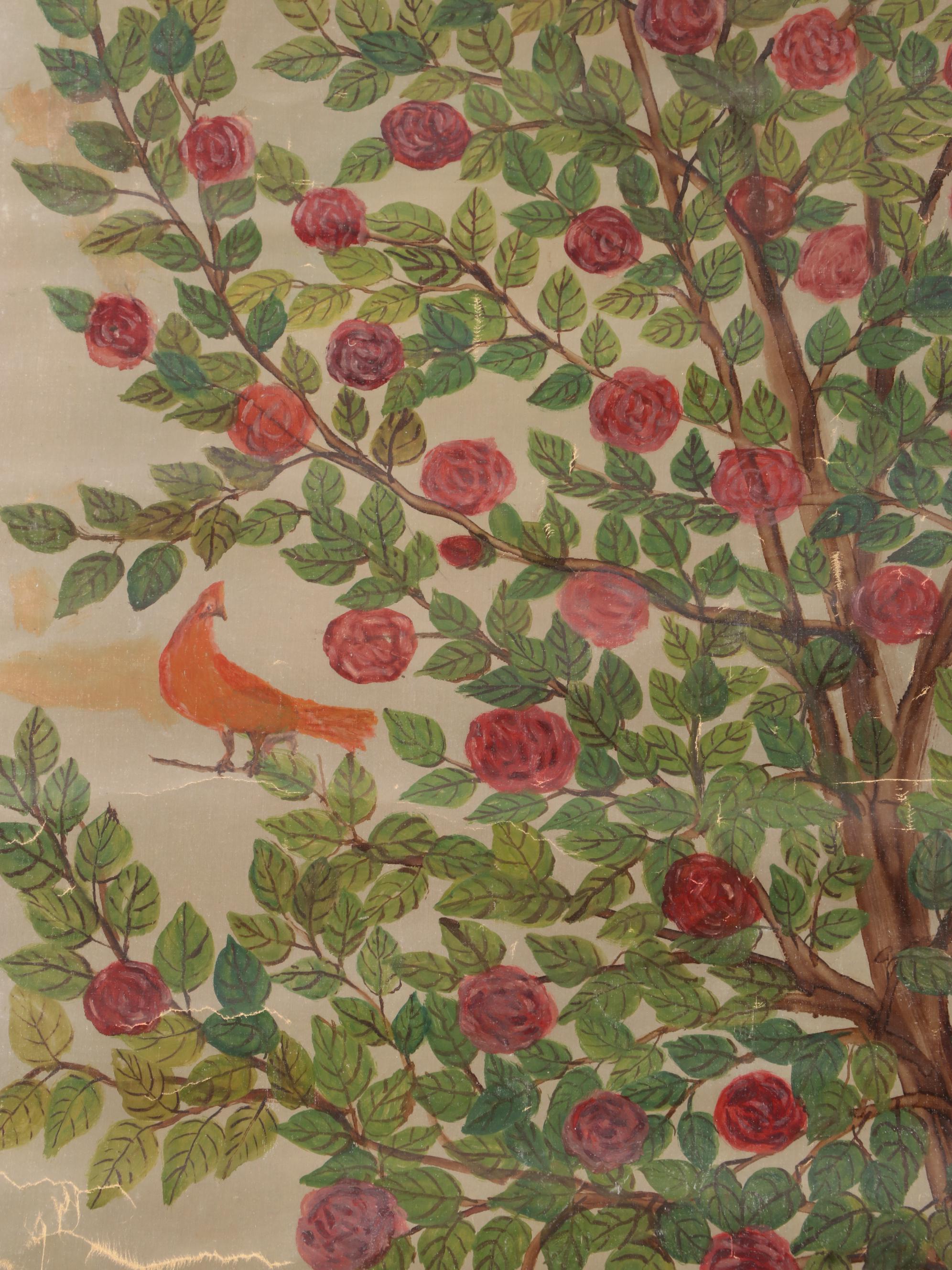 Frederich Wagener Oil Painting on Scroll of Blossoming Tree, Late 20th Century