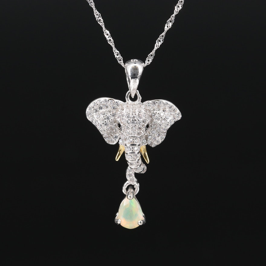 Sterling Opal, Cubic Zirconia and Spinel Elephant Head Necklace