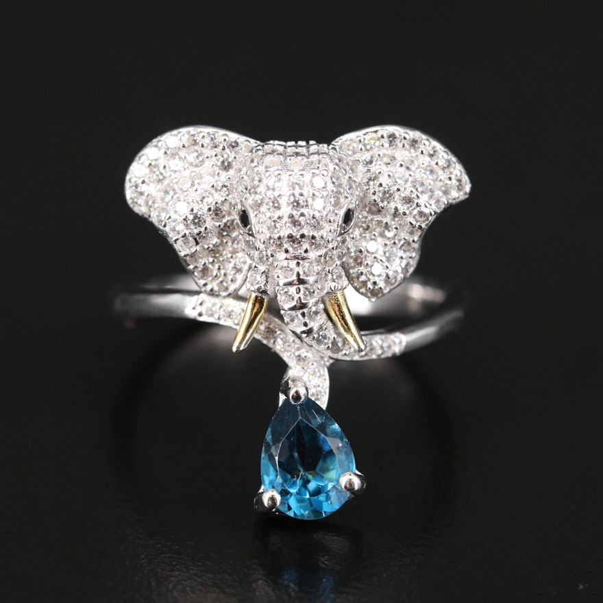 Sterling Pavé Cubic Zirconia Elephant Ring with London Blue Topaz