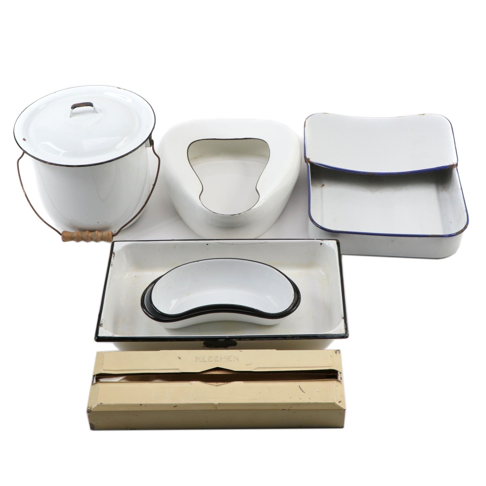 Vollrath Pan and Other White Enamelware with Metal Kleenex Box