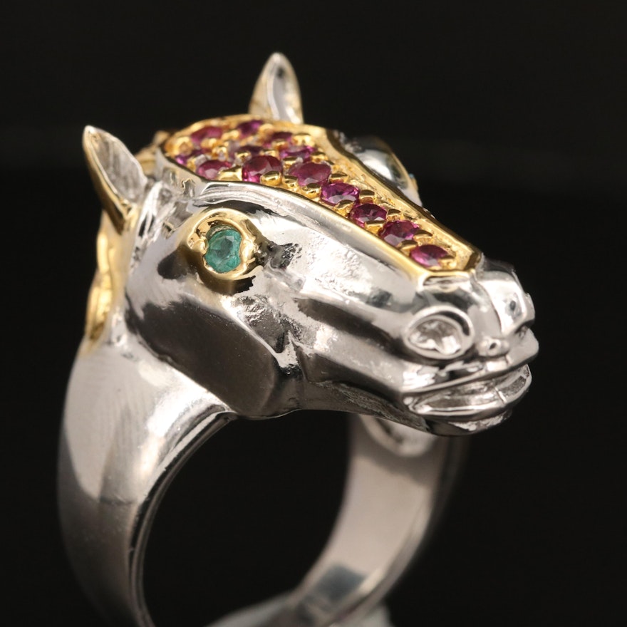 Sterling  Garnet and Emerald Horse Head Ring