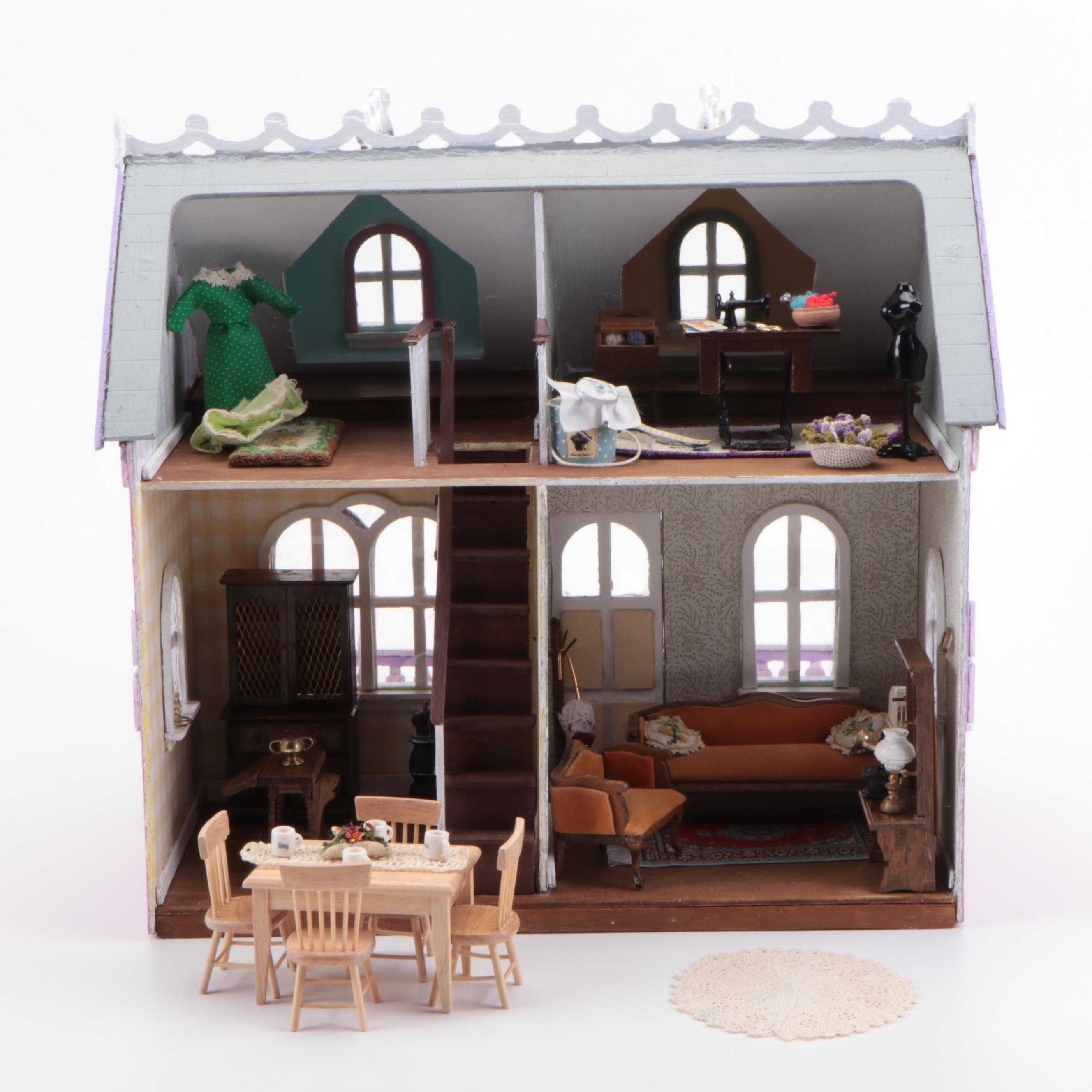 Handmade Victorian Style Wood Dollhouse with Doll Furniture and Accessories