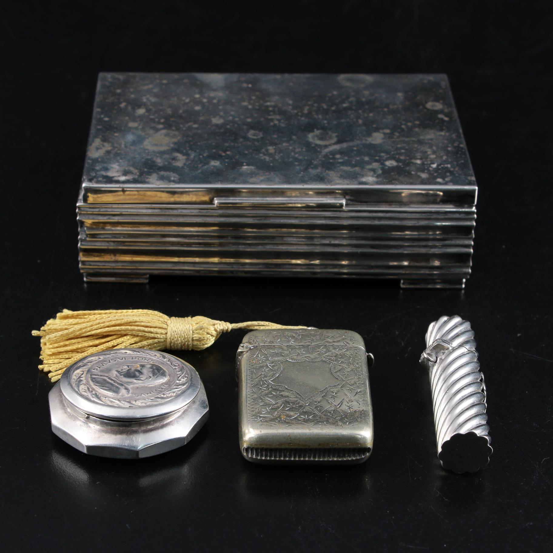 Hans Jensen 833 Silver Cigarette Box with Sterling Needle Holder and More