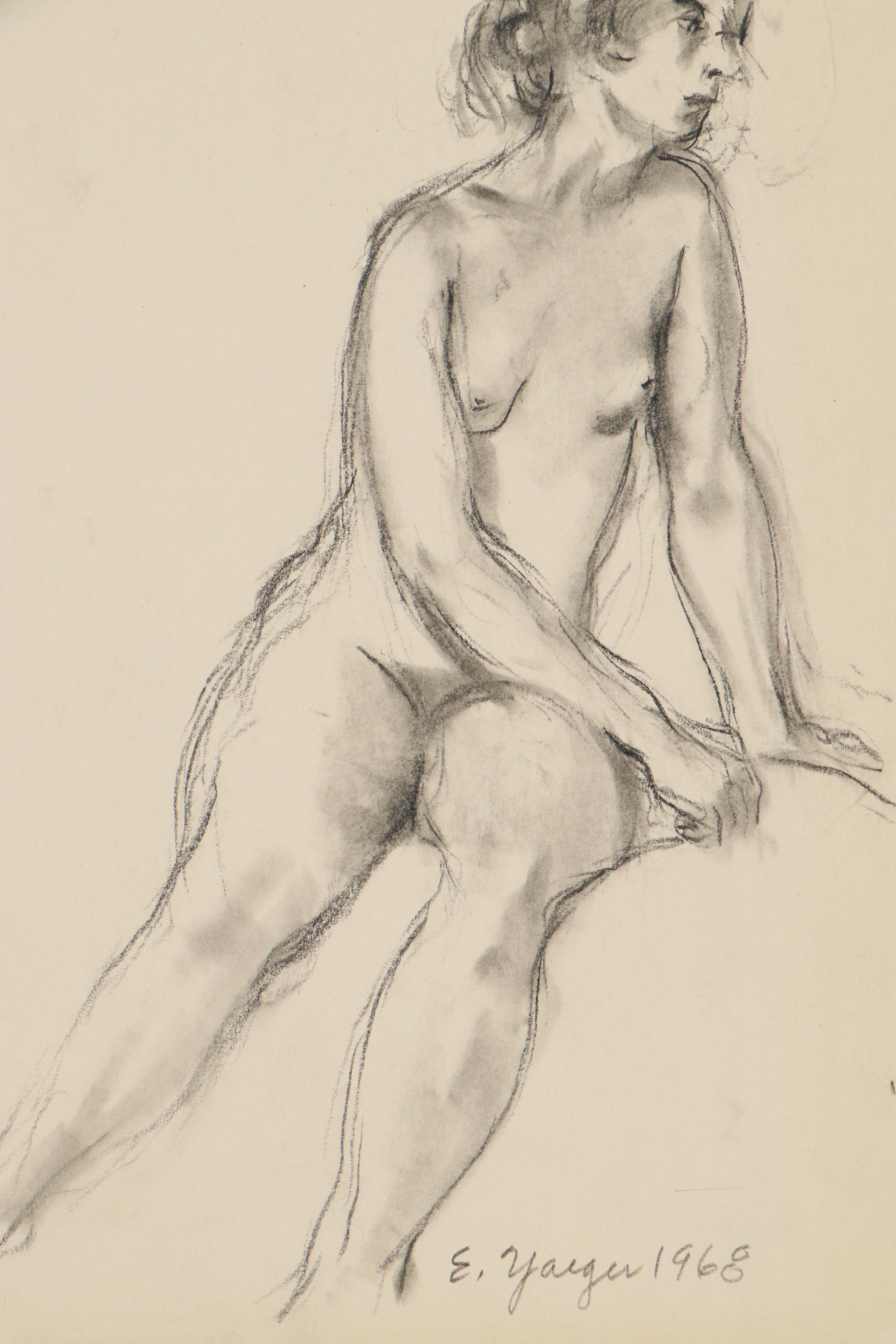 Edgar Yaeger Charcoal Drawing of Seated Female Nude, 1968