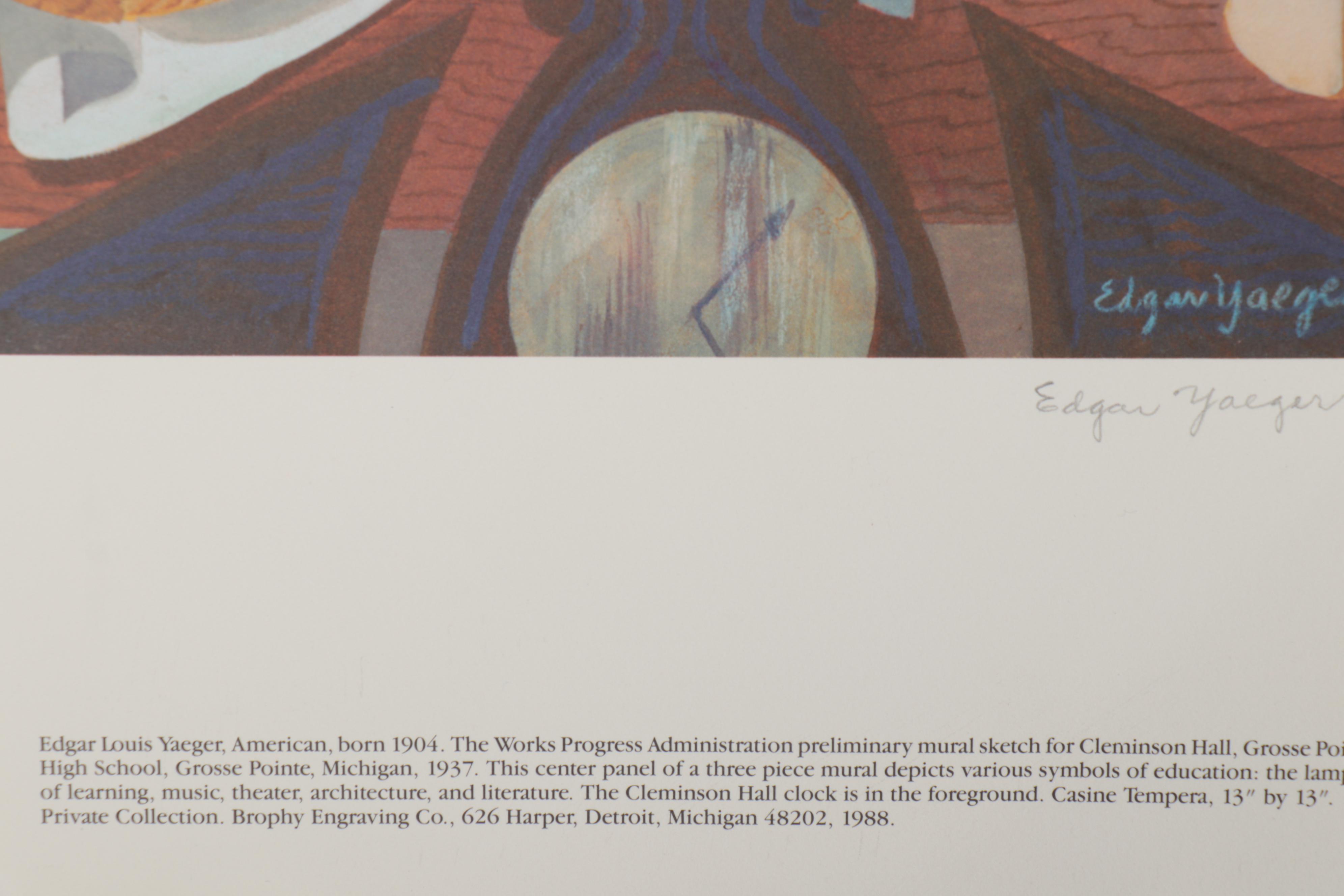 Edgar Yaeger Offset Lithograph of Grosse Pointe High School Mural Sketch