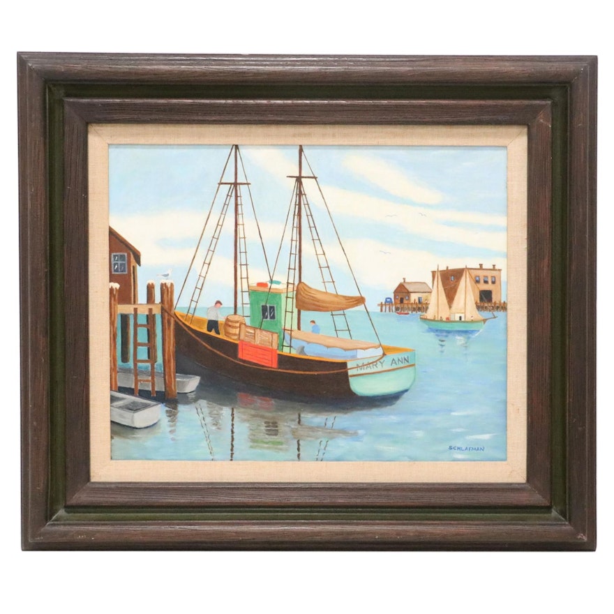 Acrylic Painting of Harbor, Late 20th Century