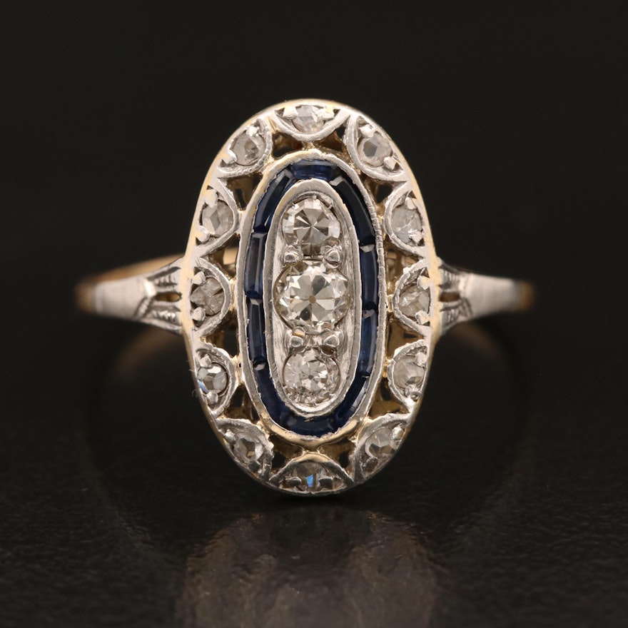 Early Art Deco Platinum and 18K Diamond and Sapphire Ring