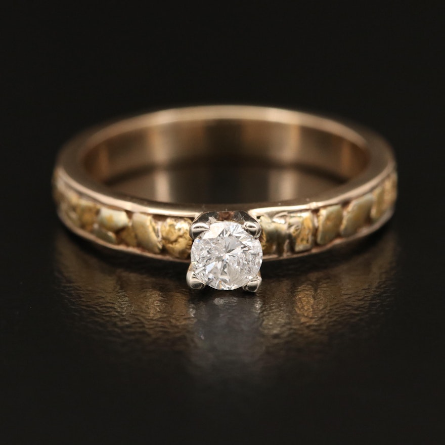 14K 0.23 CT Diamond Solitaire with Nugget Style Accented Shoulders