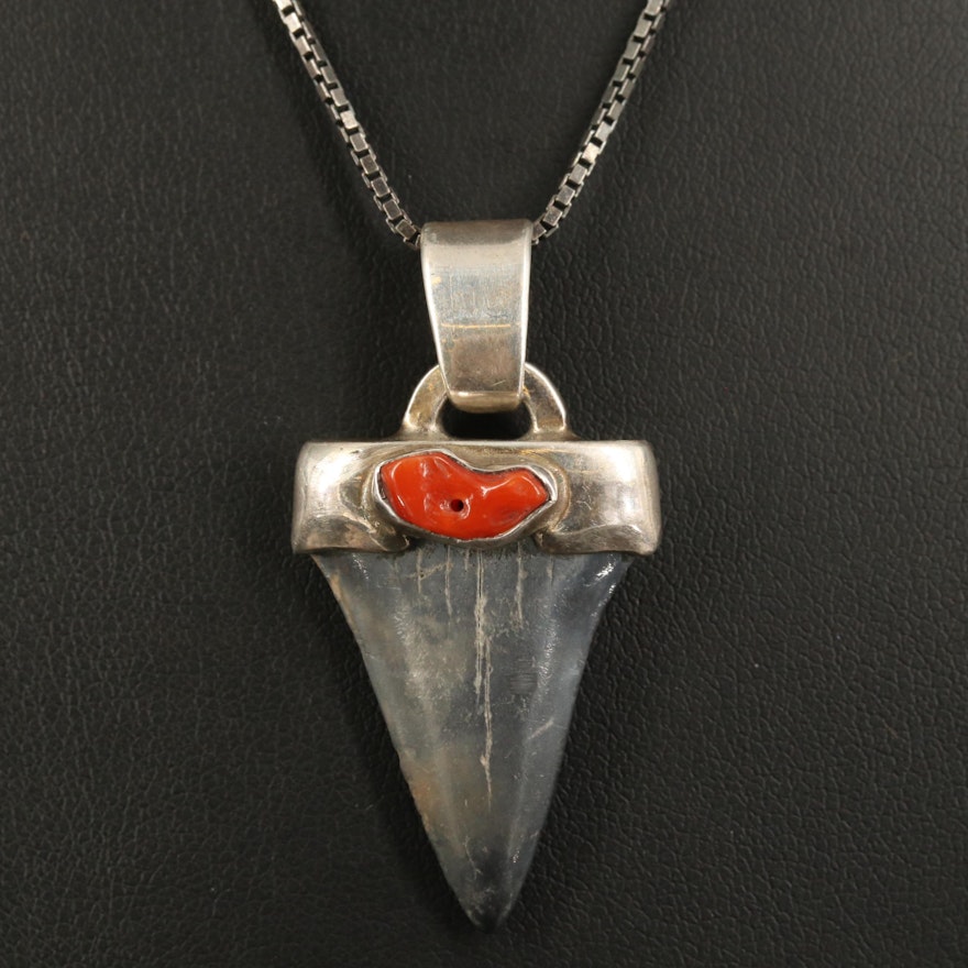 Western Sterling Fossilized Tooth and Coral Pendant Necklace