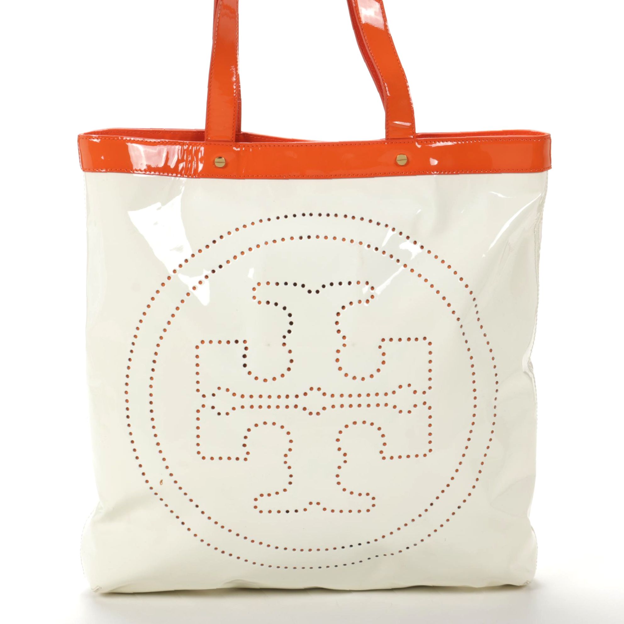 Tory Burch Tote in White Perforated and Orange Patent Leather