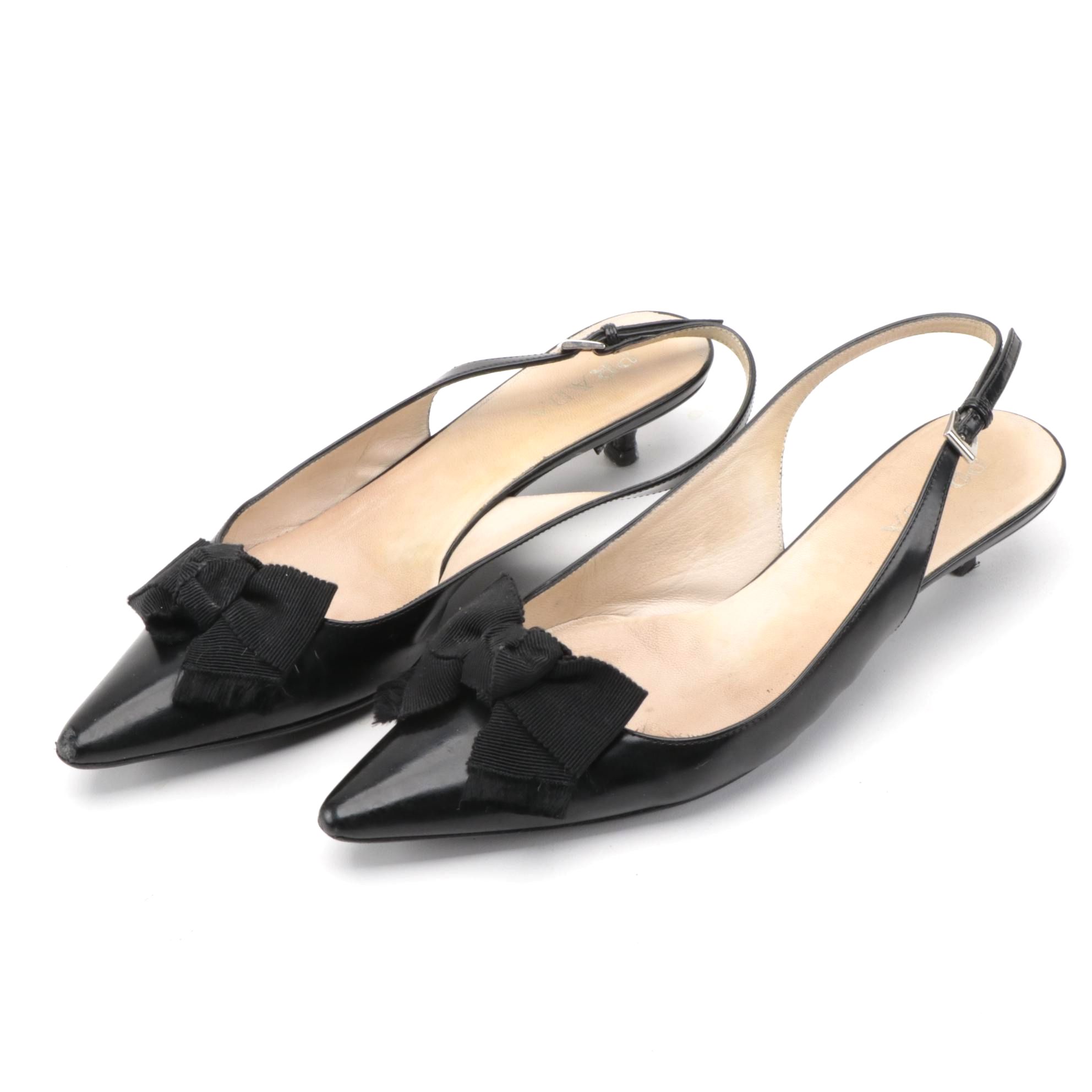 Prada Bow Accented Black Leather Slingback Kitten Heels