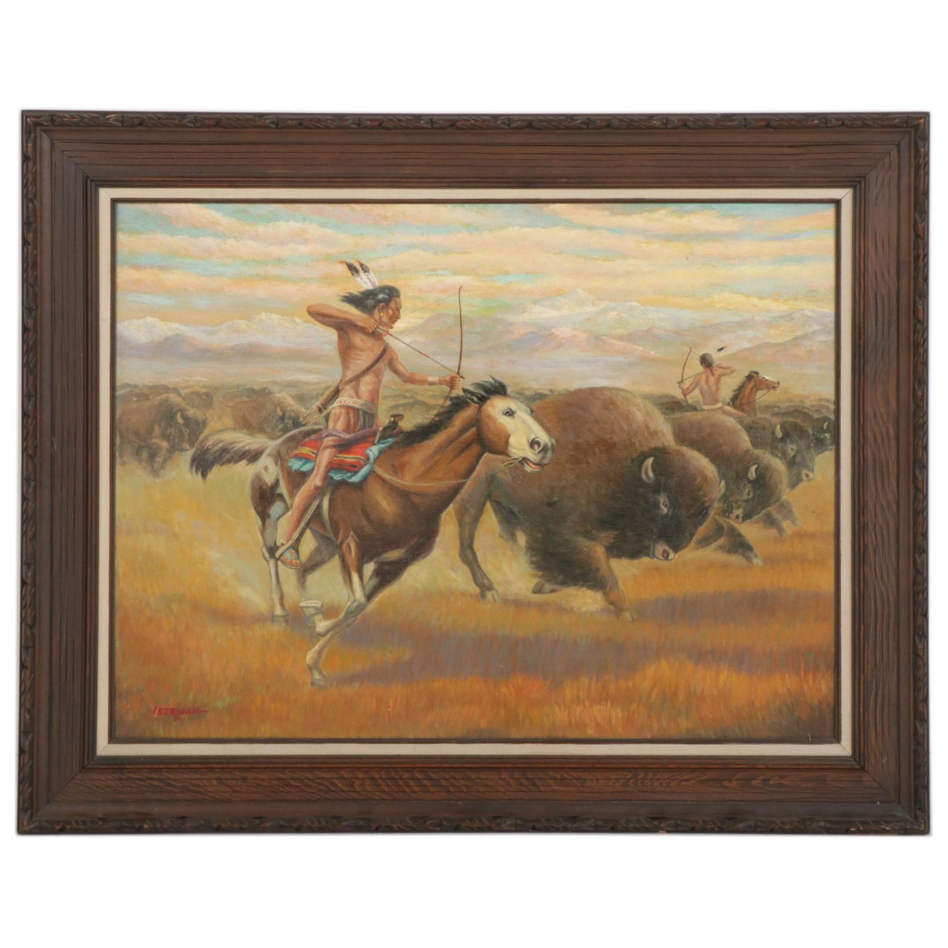 Marion Fred Iserman Oil Painting "Buffalo Runners"