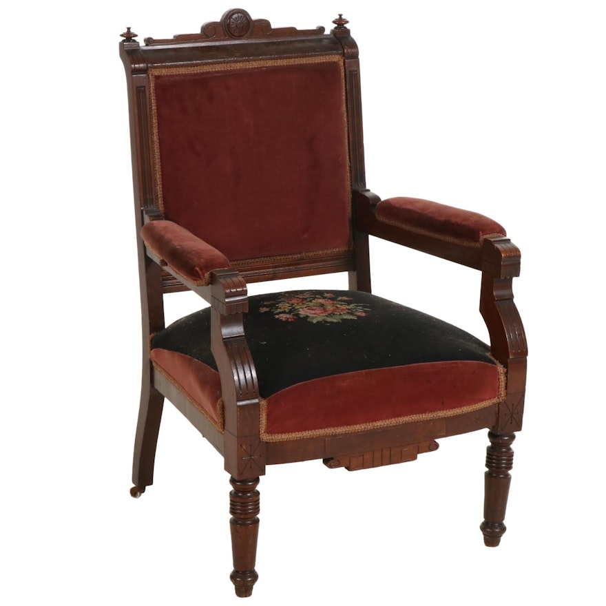 Victorian Walnut Open Armchair with Needlepoint Upholstery, Late 19th Century