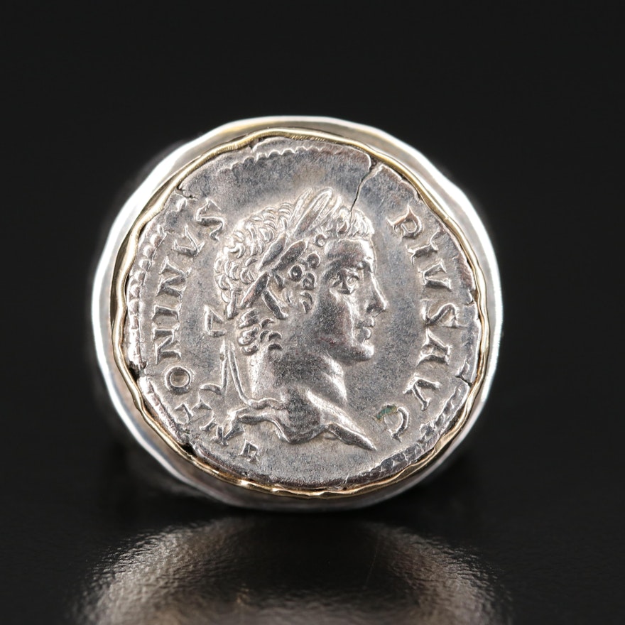 14K Ring Bearing Ancient Roman Imperial Denarius Coin of Caracalla, CA. 198 A.D.