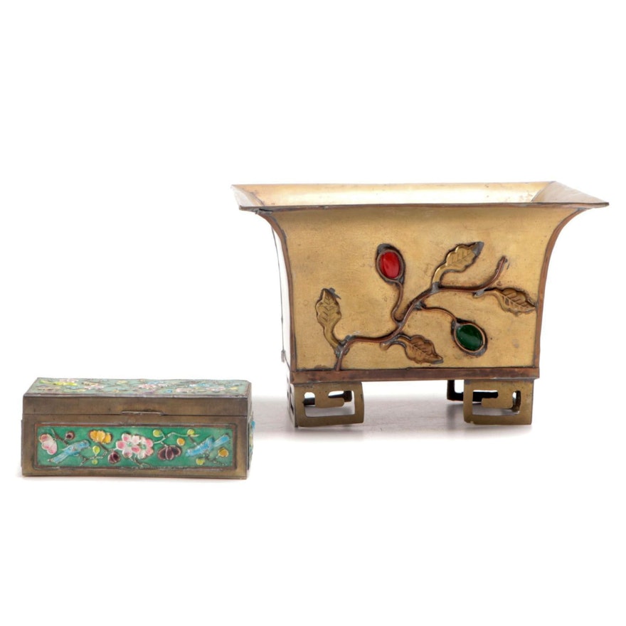 Chinese Gilt Brass Applied Foliate Planter with Cloisonné Stamp Box