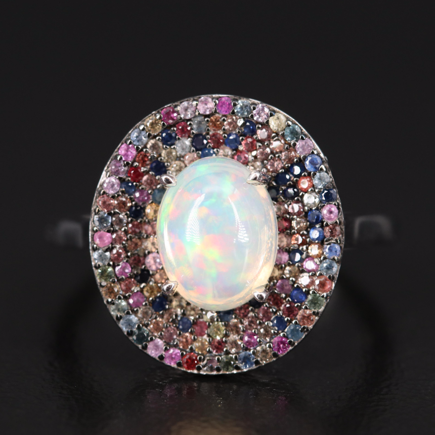 Sterling Silver Opal and Pavé Sapphire Ring