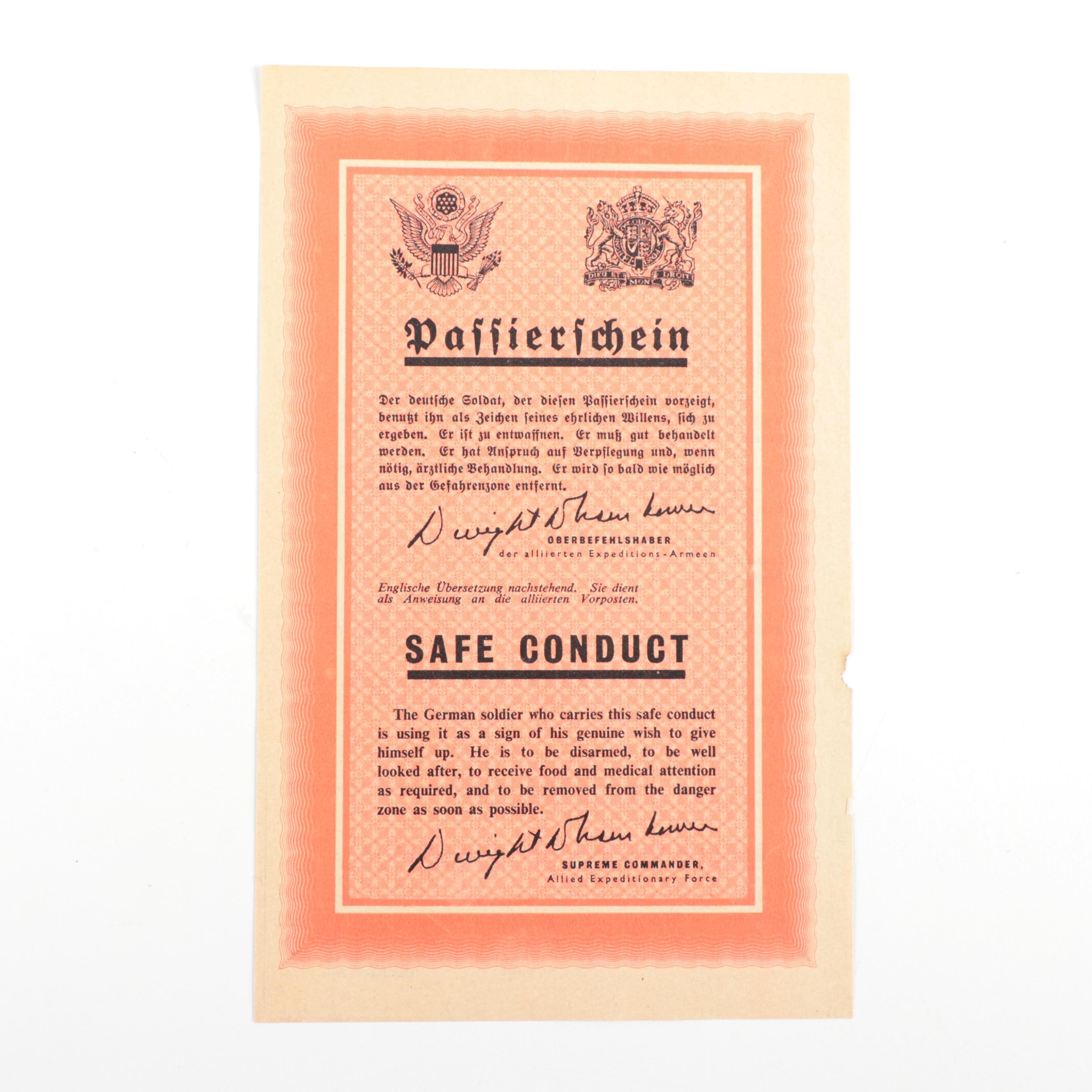 WWII German Certificate of Safe Conduct