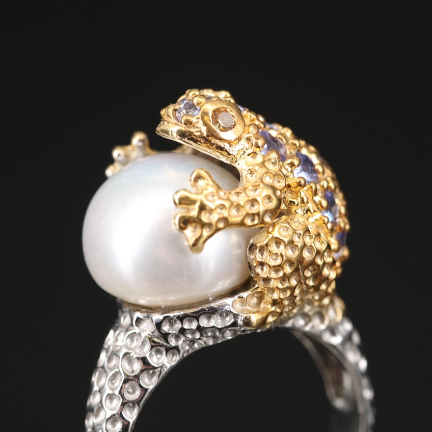 Sterling Silver Pearl, Sapphire and Tanzanite Frog Ring