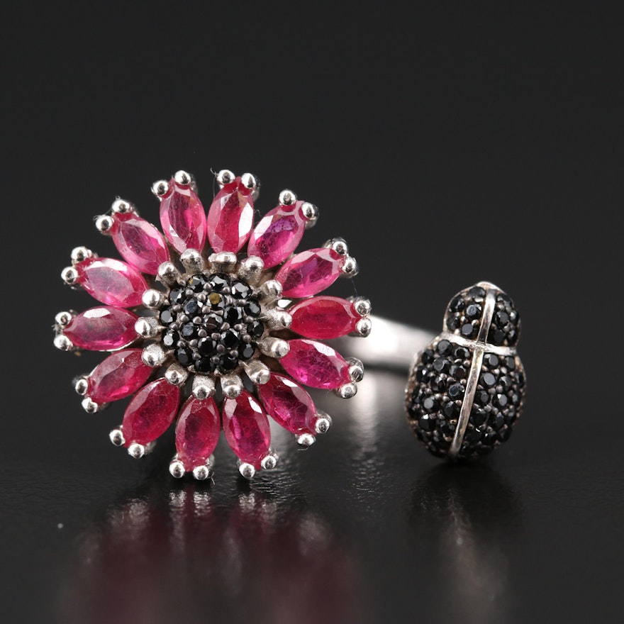 Sterling Silver Corundum and Spinel Flower and Insect Ring