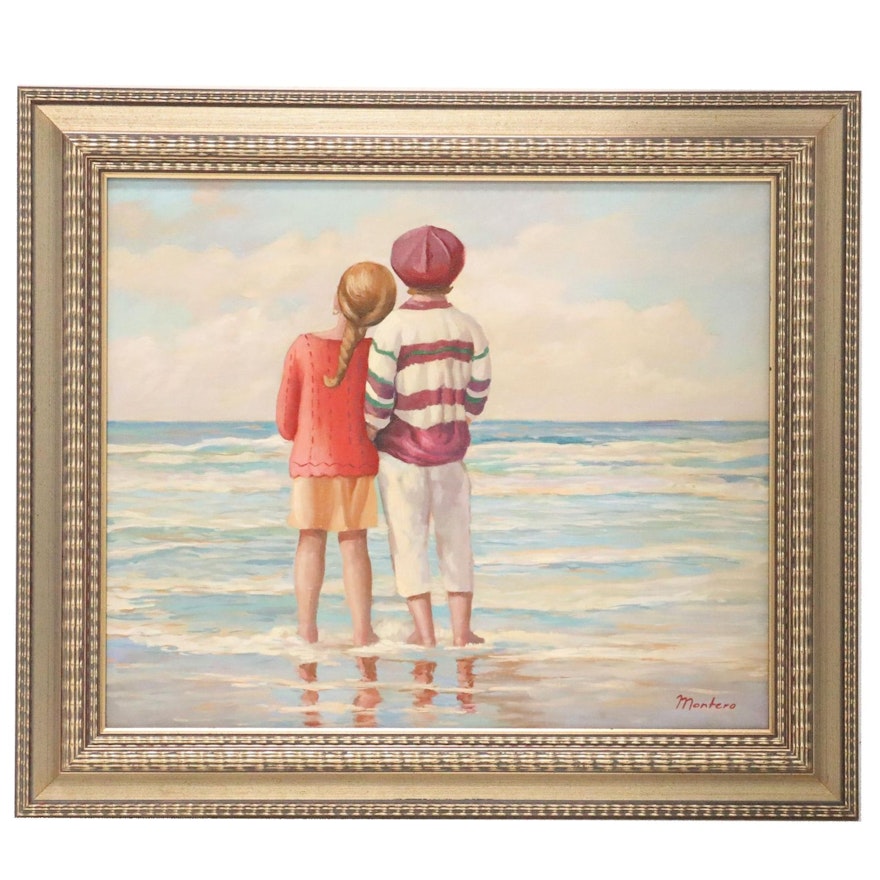 Oil Painting of Figures at Shore, 21st Century