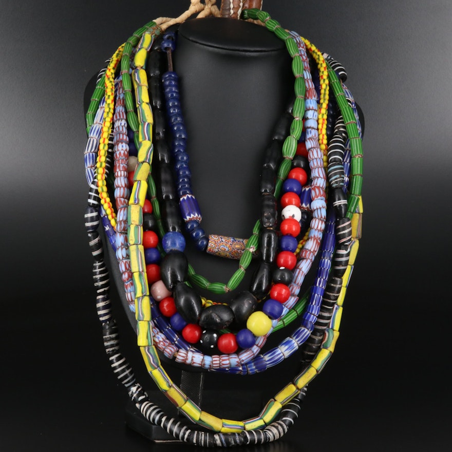 Trade Bead Necklaces Featuring "Watermelon", "Awala Chevron" and "Barber Pole"