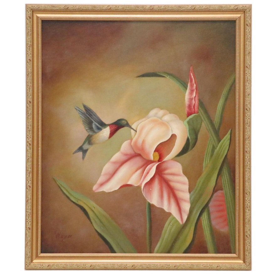 Wagner Oil Painting of Hummingbird with Iris, 21st Century