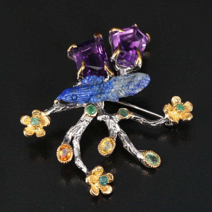 Sterling Carved Bird on Floral Brooch with Lapis Lazuli, Amethyst and Sapphire