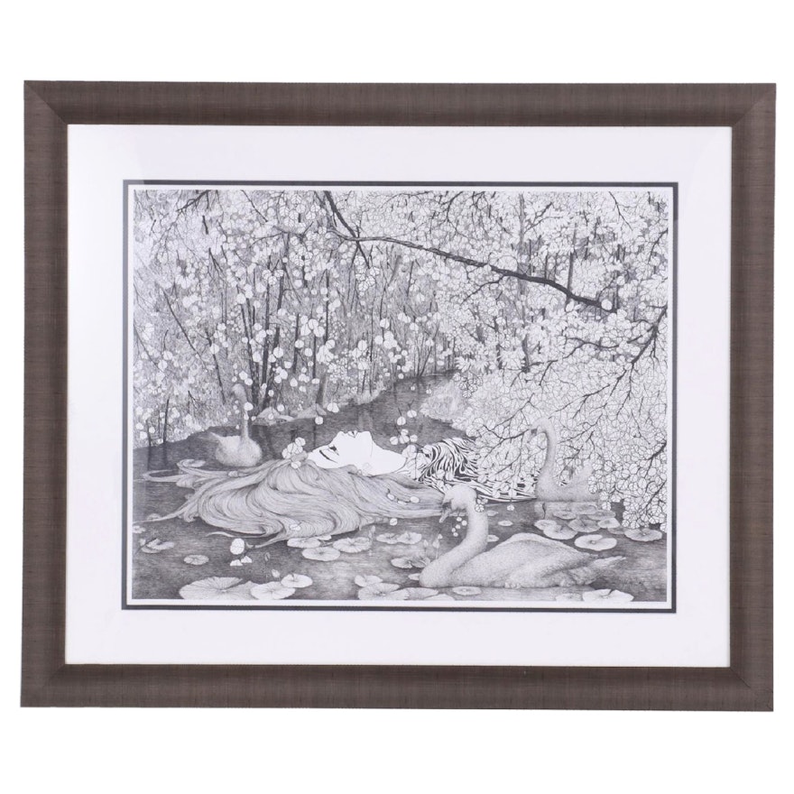 Thuthuy Tran Ink Drawing "Ophelia Floats Along the River," 2013