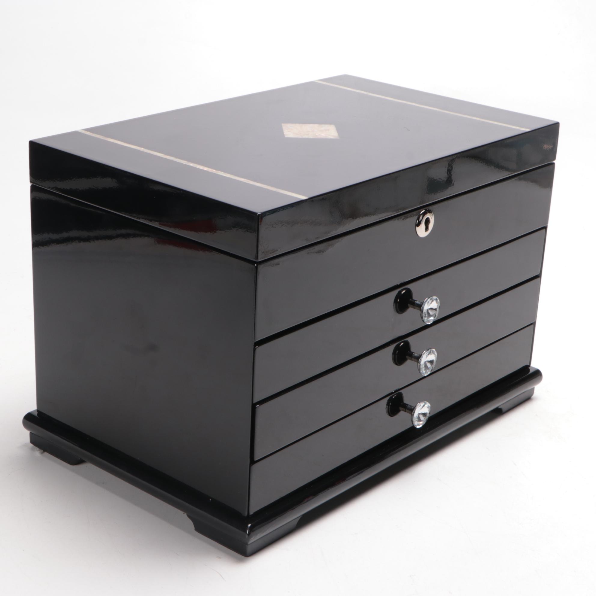 Jere Lacquer Jewelry Box with Abalone Inlay and Faceted Glass Knobs