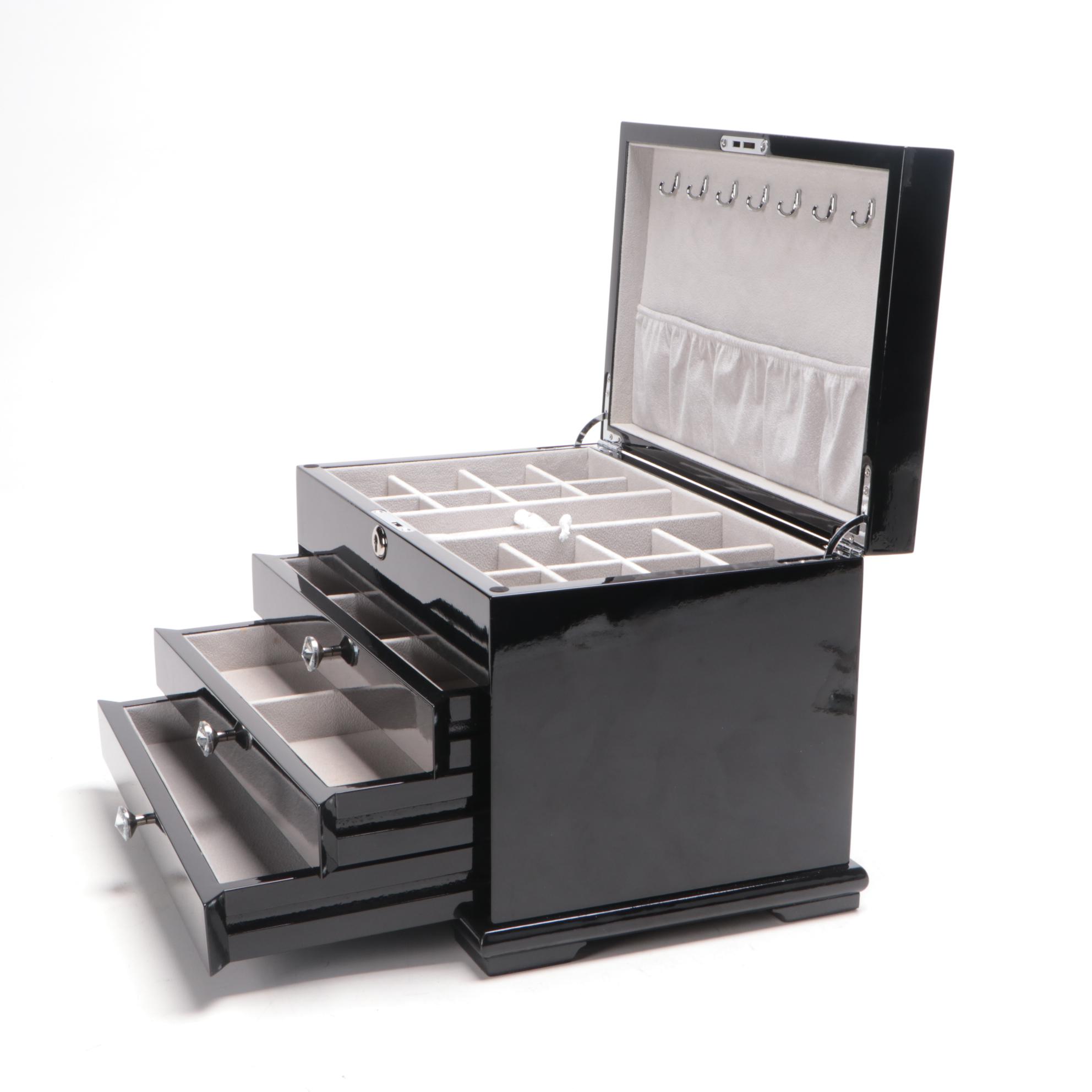 Jere Lacquer Jewelry Box with Abalone Inlay and Faceted Glass Knobs