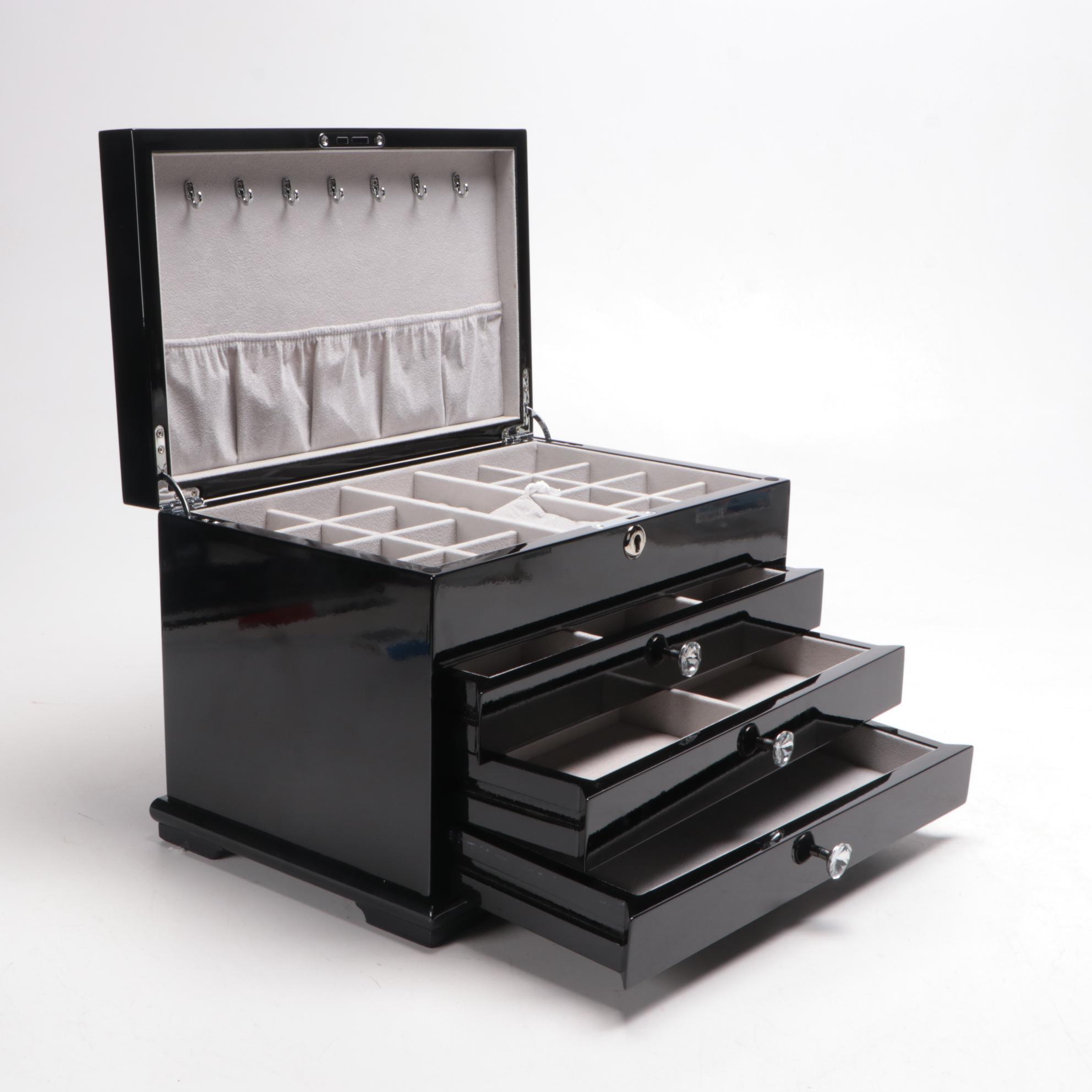 Jere Lacquer Jewelry Box with Abalone Inlay and Faceted Glass Knobs