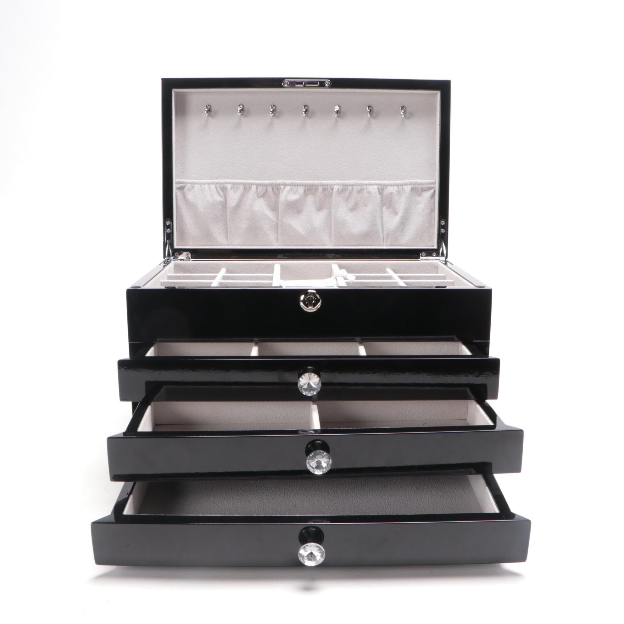 Jere Lacquer Jewelry Box with Abalone Inlay and Faceted Glass Knobs