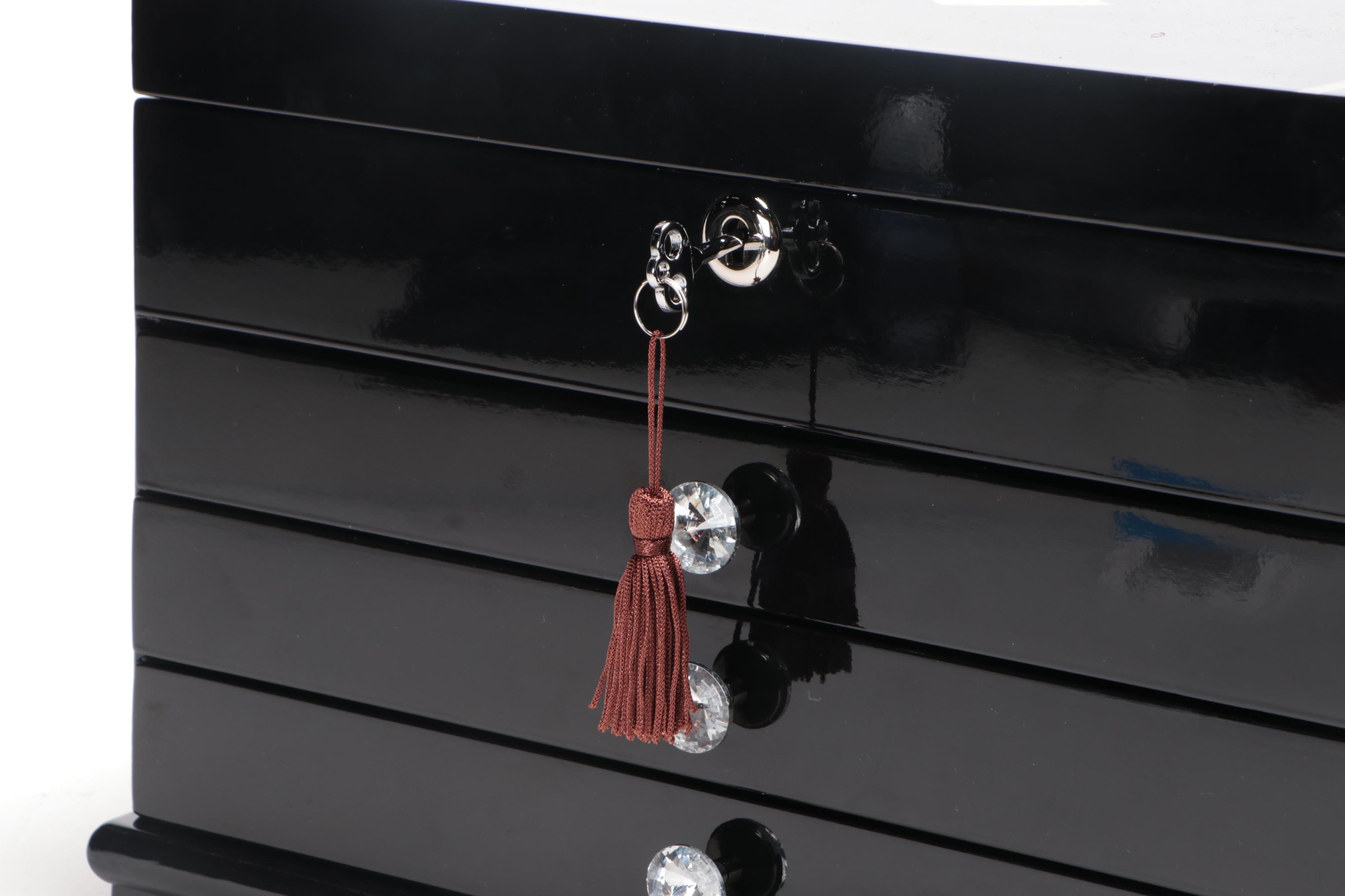 Jere Lacquer Jewelry Box with Abalone Inlay and Faceted Glass Knobs