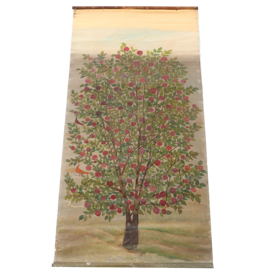 Frederich Wagener Oil Painting on Scroll of Blossoming Tree, Late 20th Century