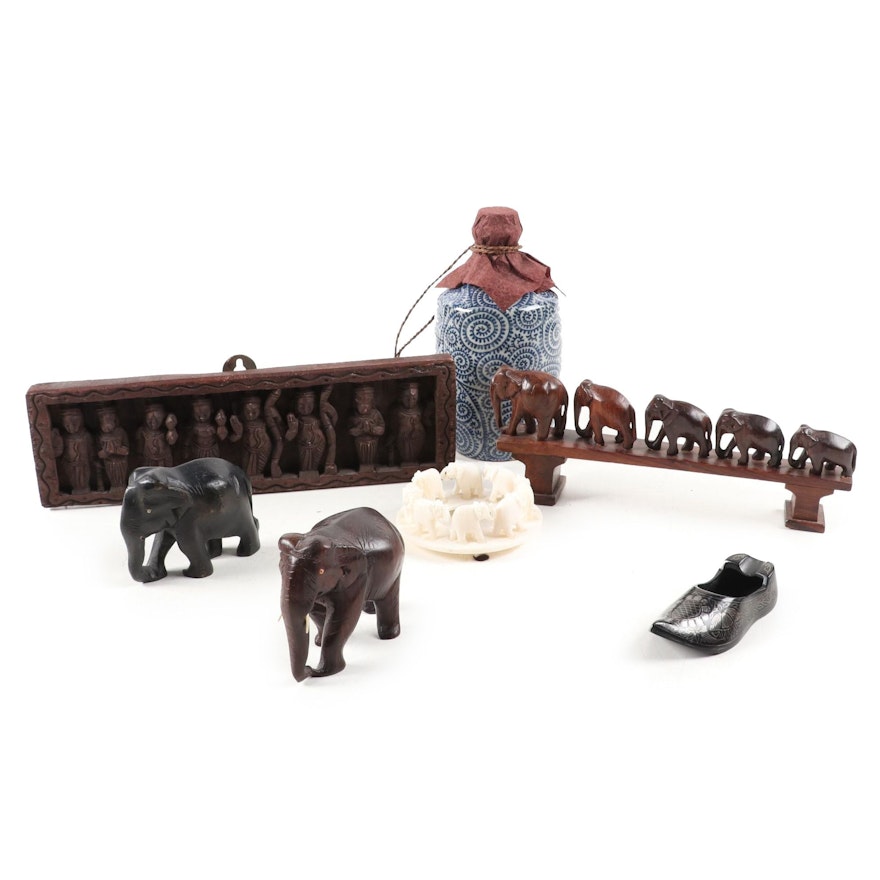 Asian Wooden Figural Wall Decor, Ceramic Jar, Elephant Sculptures and Ashtray