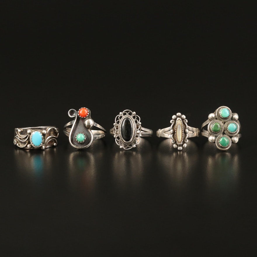 Western Inspired Sterling Rings Including Abalone, Turquoise and Faux Turquoise