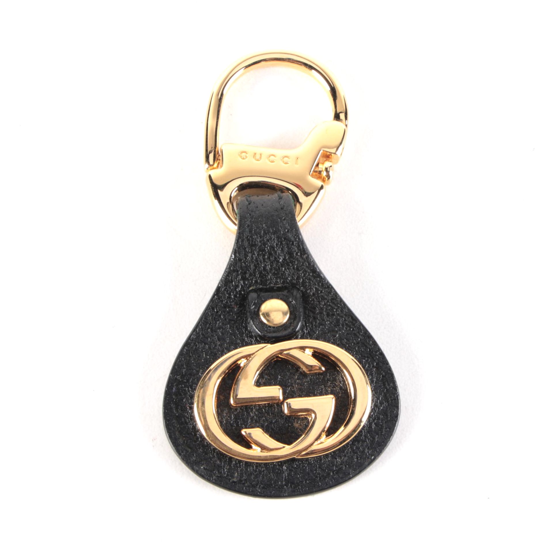 Gucci Interlocking GG and Black Leather Key Ring with Box