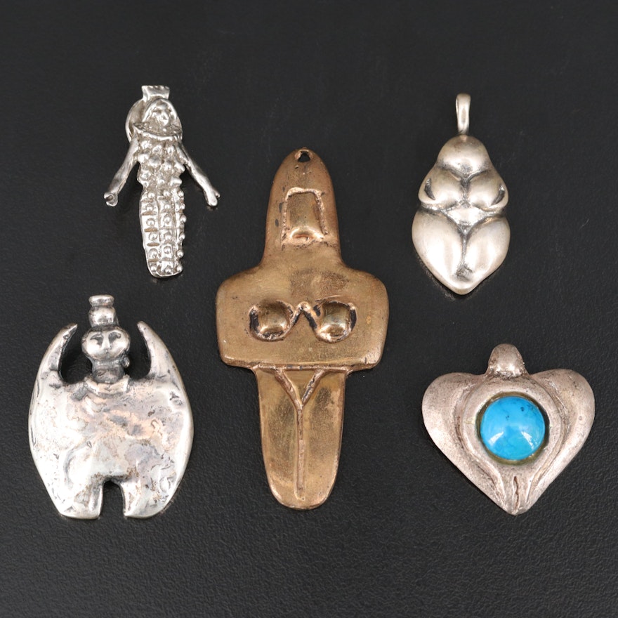 Sterling Fertility and Goddess Themed Pendants with Turquoise