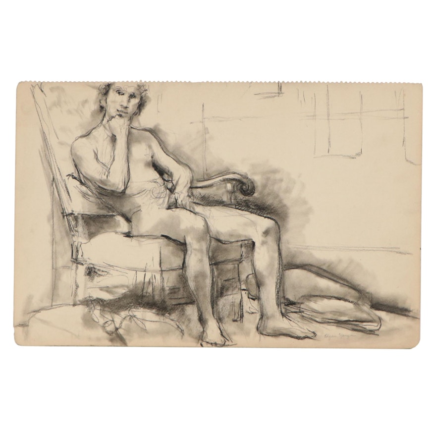 Edgar Yaeger Charcoal Drawing of Seated Male Nude, Mid-20th Century