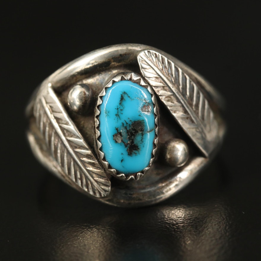 Western Inspired Sterling Turquoise Ring with Feather Accents