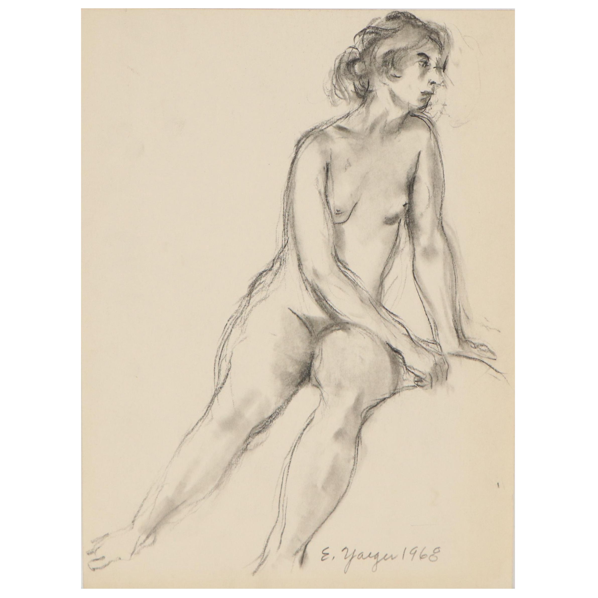 Edgar Yaeger Charcoal Drawing of Seated Female Nude, 1968