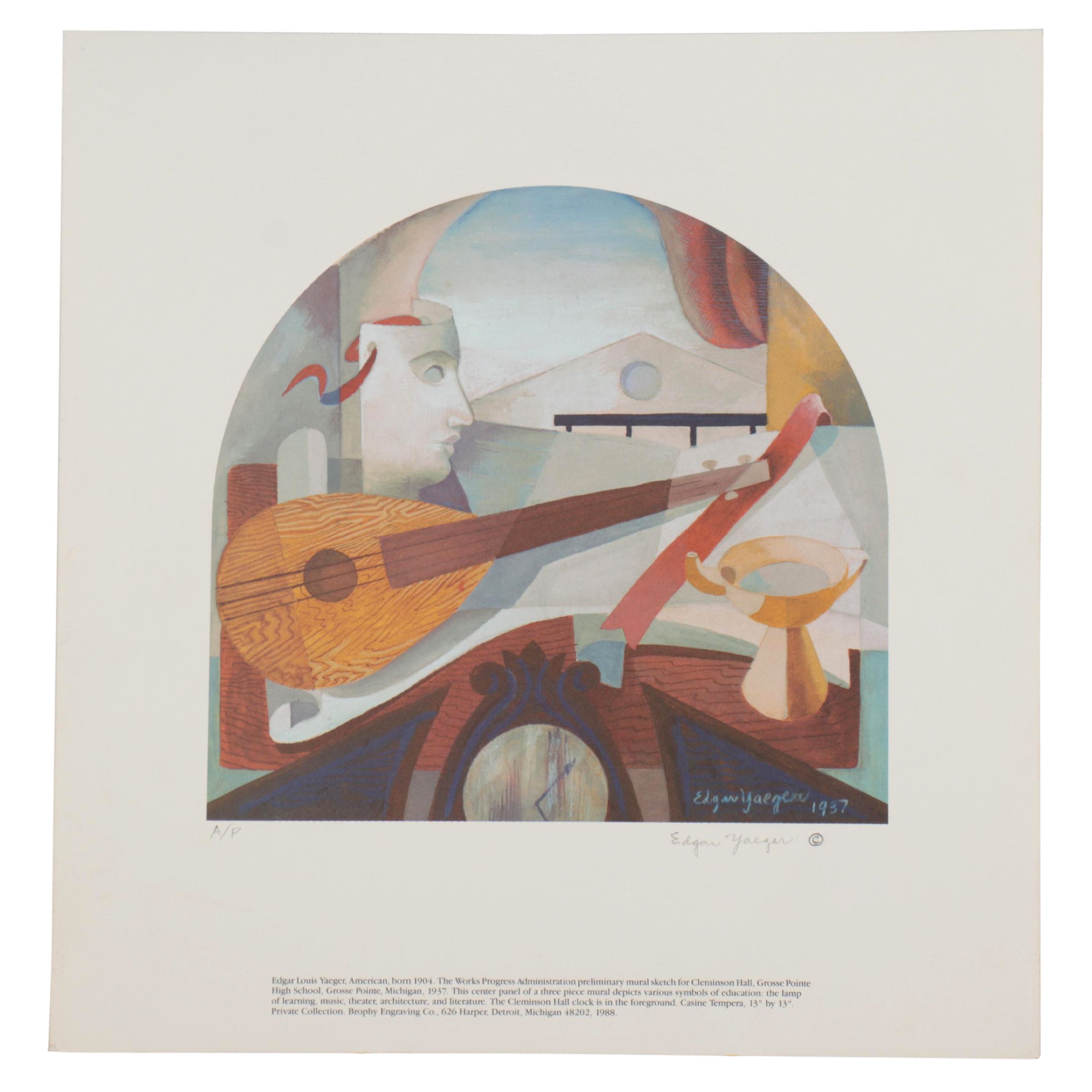 Edgar Yaeger Offset Lithograph of Grosse Pointe High School Mural Sketch