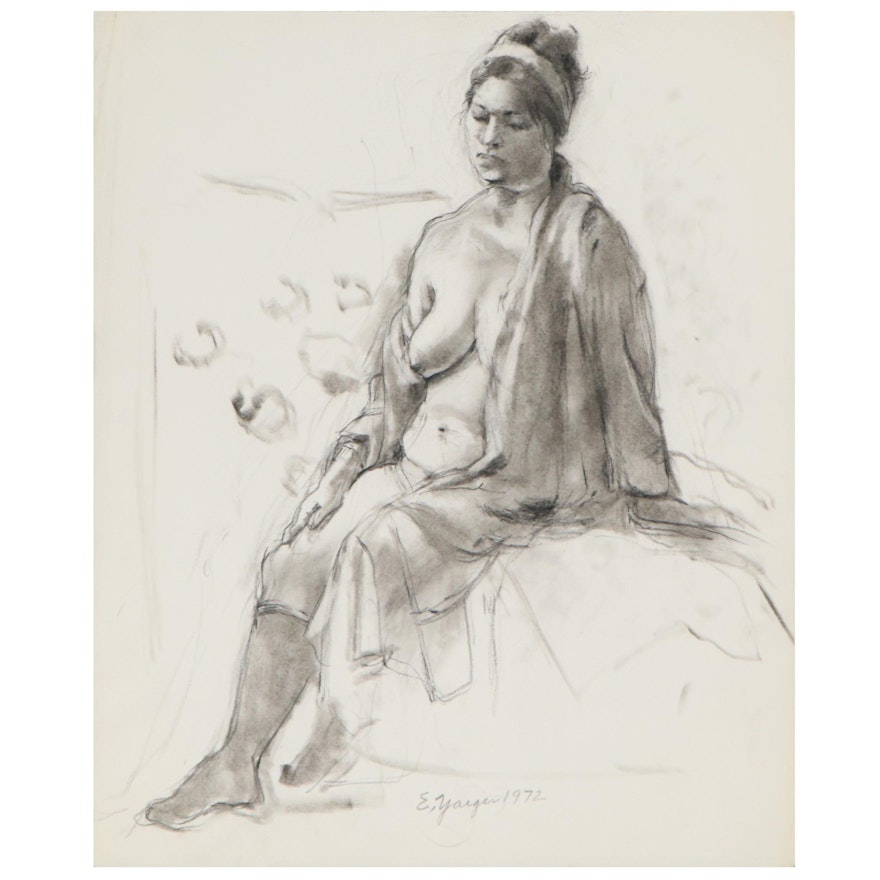 Edgar Yaeger Charcoal Drawing of Seated Female Figure, 1972