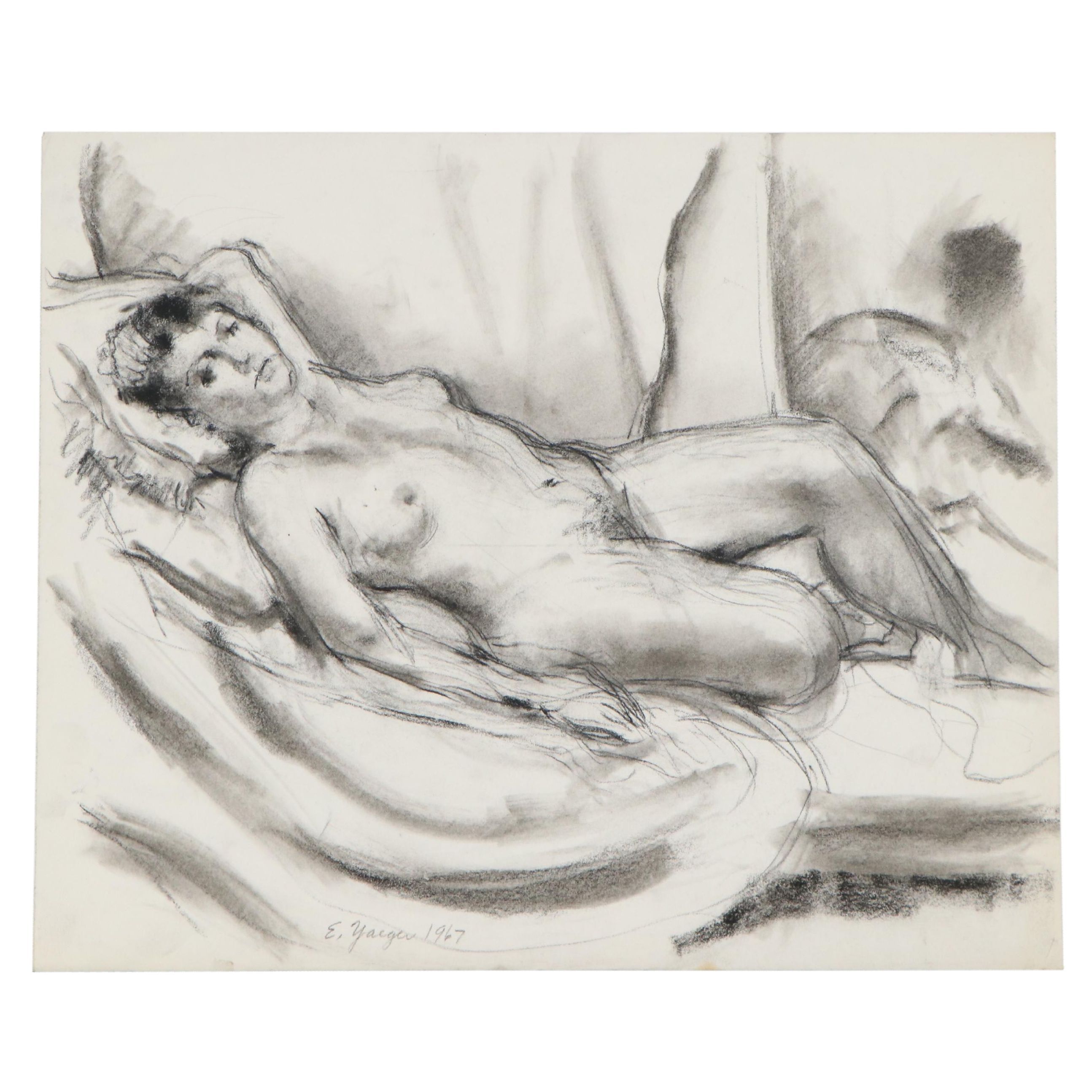 Edgar Yaeger Charcoal Drawing of Reclining Female Nude, 1967