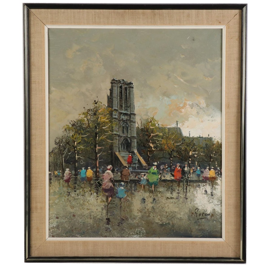 Street Scene with Gothic Revival Tower Oil Painting, Late 20th - 21st Century