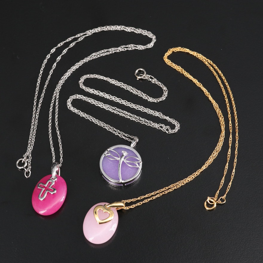 Sterling Quartzite Necklaces with Heart, Cross and Diamond Dragonfly Motifs