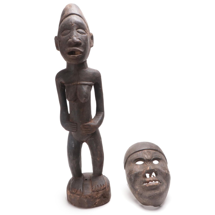 Kongo-Yombe Style Wood Figure and Mask, Central Africa