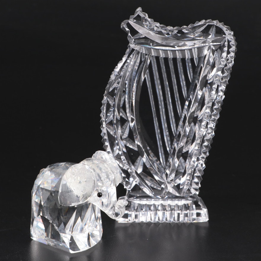 Waterford Crystal Harp Figurine and Swarovski Crystal Elephant Figurine