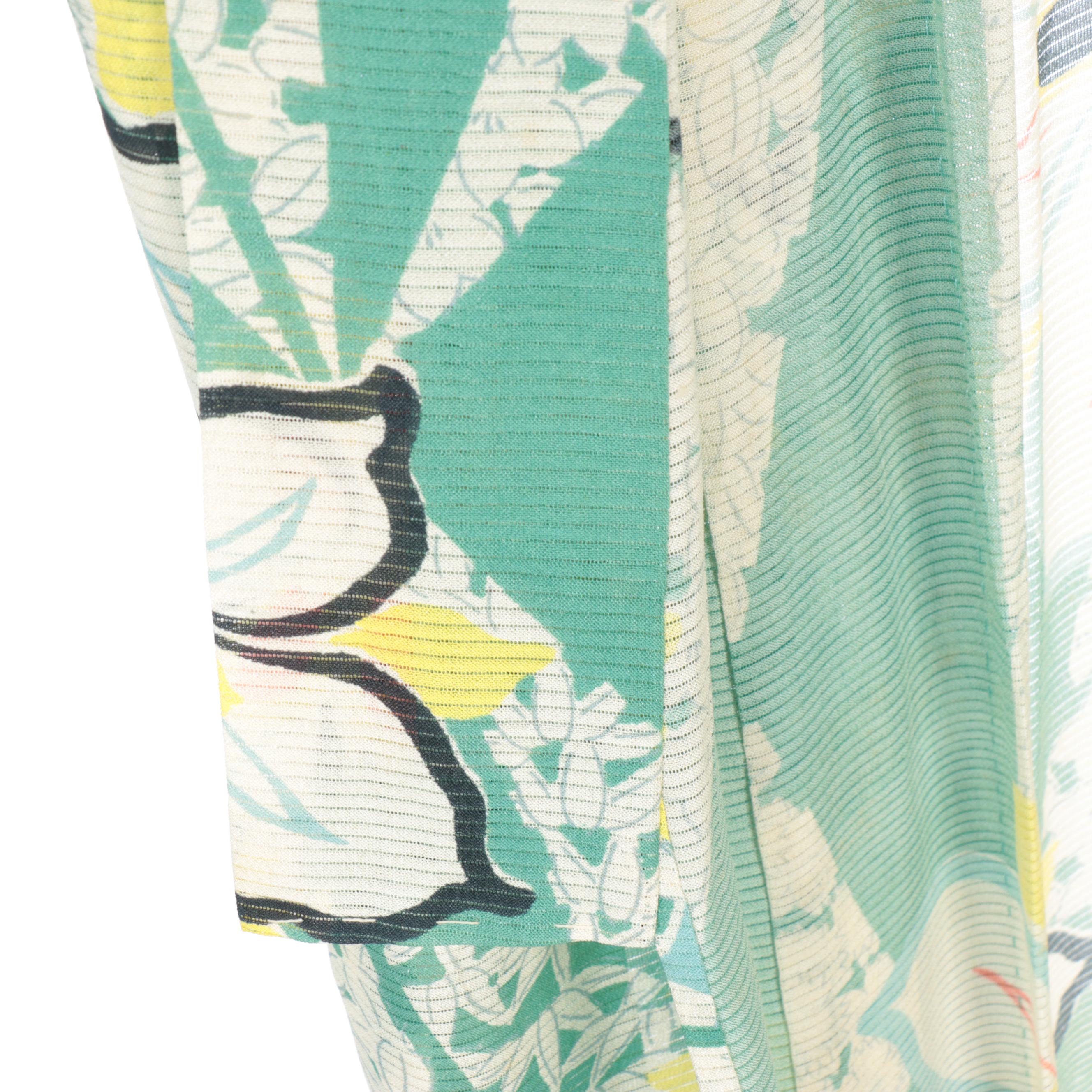 Ro Woven Green Floral Silk Natsu Kimono, Shōwa Period