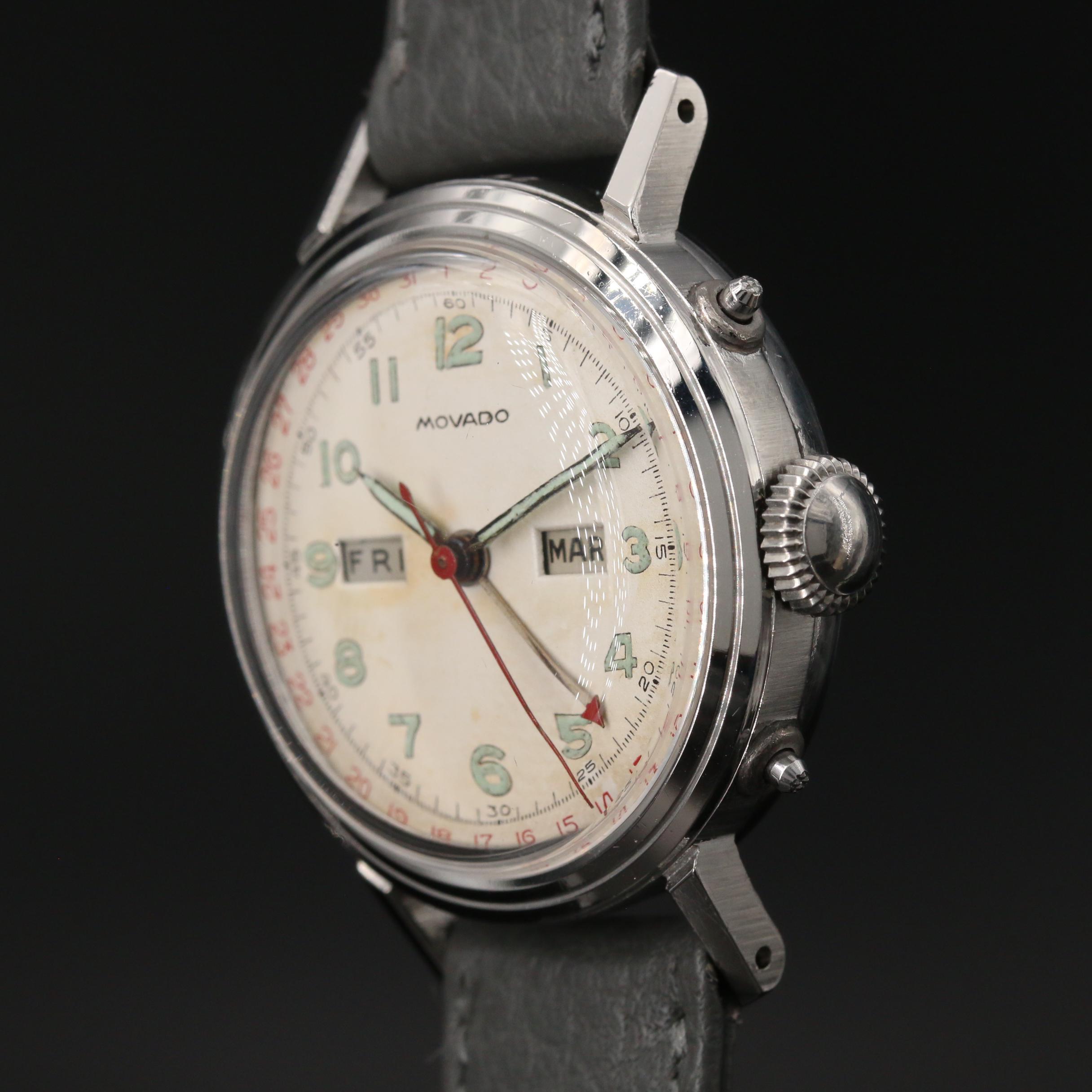 Vintage Movado Calendograf Stainless Steel Stem Wind Watch